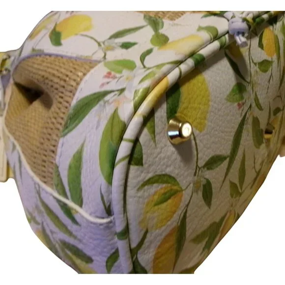 NEW Valentina Italia Lemon Print & Woven Panel Bucket Bag With Drawstring Closur - Picture 5 of 16